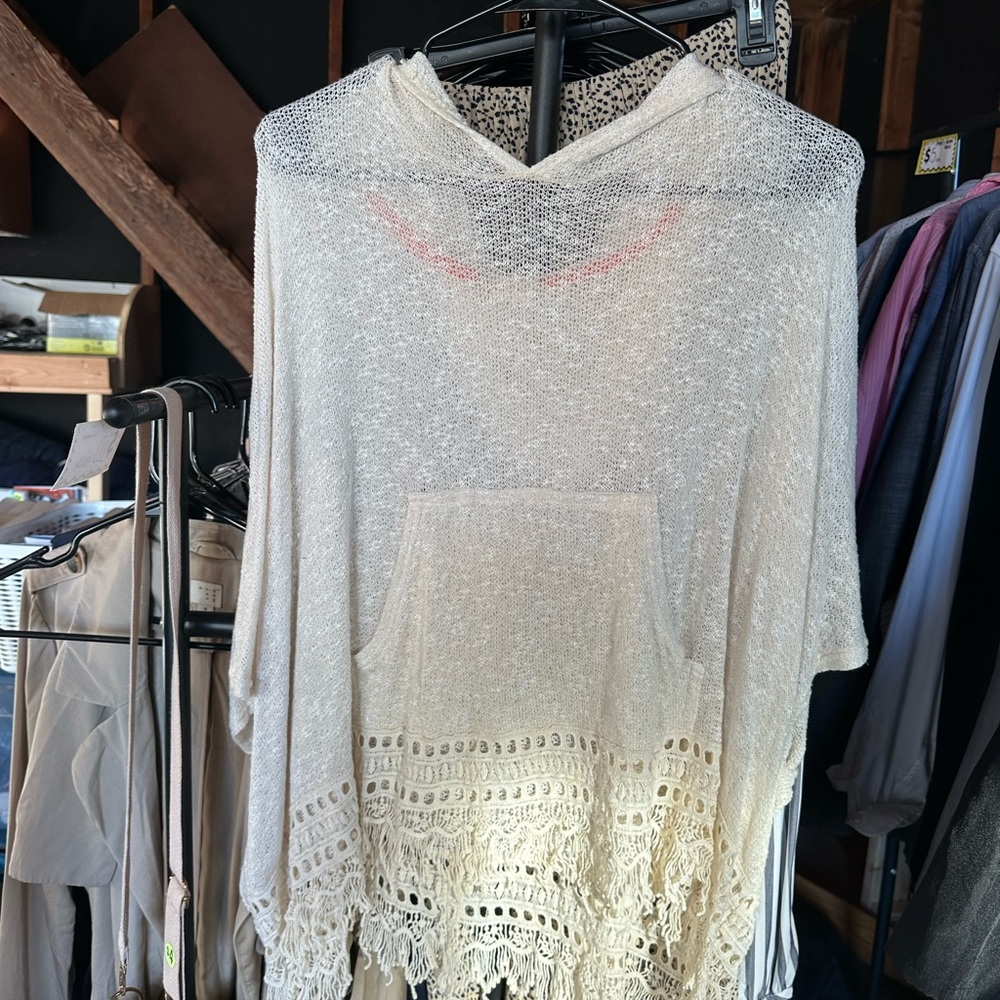 Altar'd State Cream Knit Hooded Poncho
